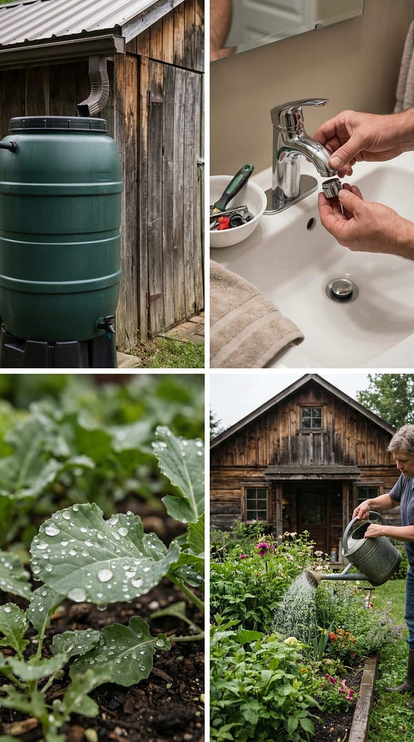 Rain barrel collecting water beside small garden shed, person installing water-saving faucet aerator in bathroom sink, droplets of water in sharp focus, lush garden being watered with collected rainwater.