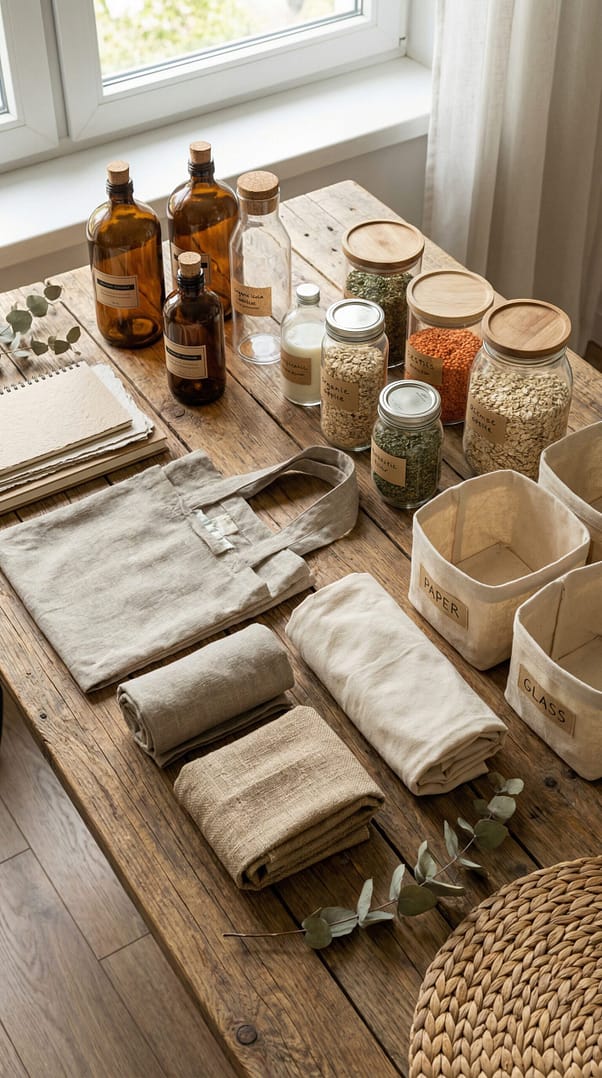 Flat lay on wooden table showing reusable shopping bags, glass bottles, recycled paper, upcycled glass jars used as storage, recycling bins labeled paper plastic glass, soft natural daylight.