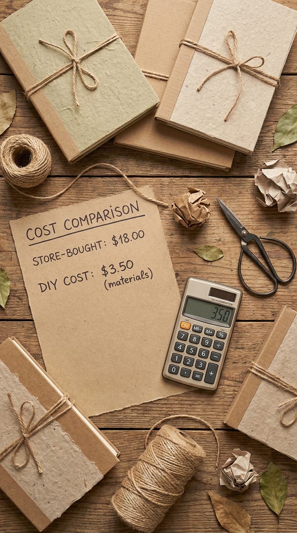 A clean, well-lit flat lay of handmade eco-friendly journals arranged beside simple cost comparison notes. On one side, a small stack of store-bought notebooks with visible price tags. On the other, a collection of handmade journals crafted from recycled paper, cardboard packaging, and twine binding. A handwritten comparison list shows “Store-bought: $15 each” versus “DIY: under $1 each.” Scissors, thread, scrap paper, and a calculator rest nearby.