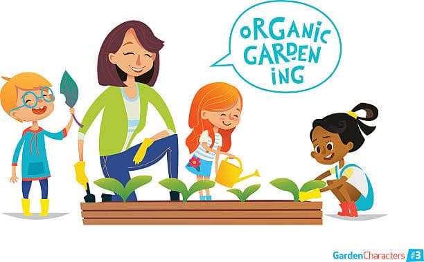 Teacher and kids engaged in gardening in the backyard. Girl watering flowers in the garden. Eco concept. Montessori education concept. Organic gardening.