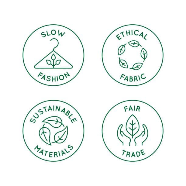 Vector set of linear icons and badges related to slow fashion - ethical fabric, sustainable materials, fair trade - eco-friendly manufacturing and organic certified producing of garment and apparel