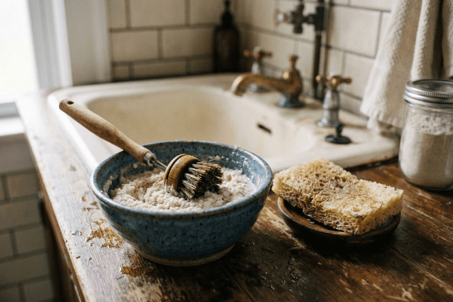 Homemade bathroom paste in a bowl with a brush and sponge.