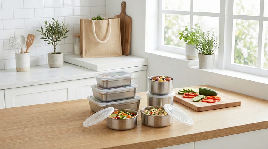 Image of a stainless-steel container set containing food with leakproof seals on and off stacked on wooden kitchen countertop