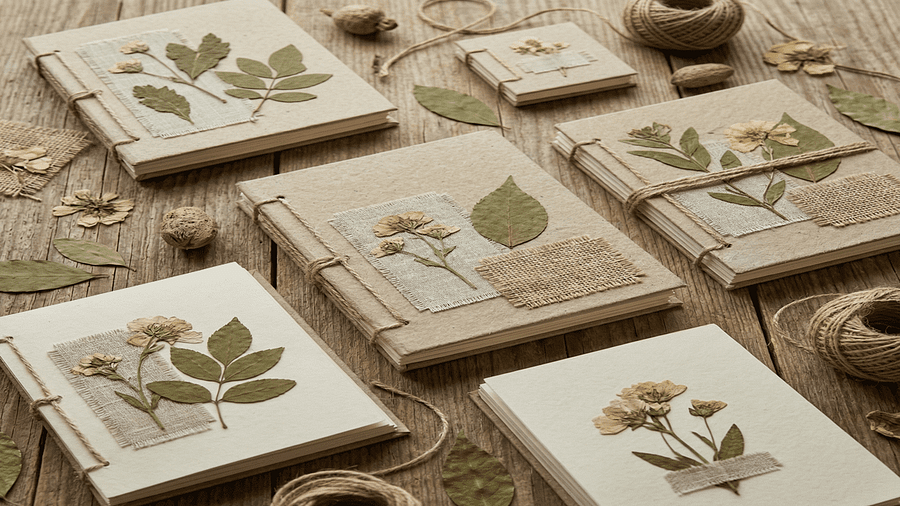 Flat lay of handmade eco-friendly journals crafted from recycled paper and cardboard, natural twine binding, pressed leaves and fabric scraps, on a rustic wooden table