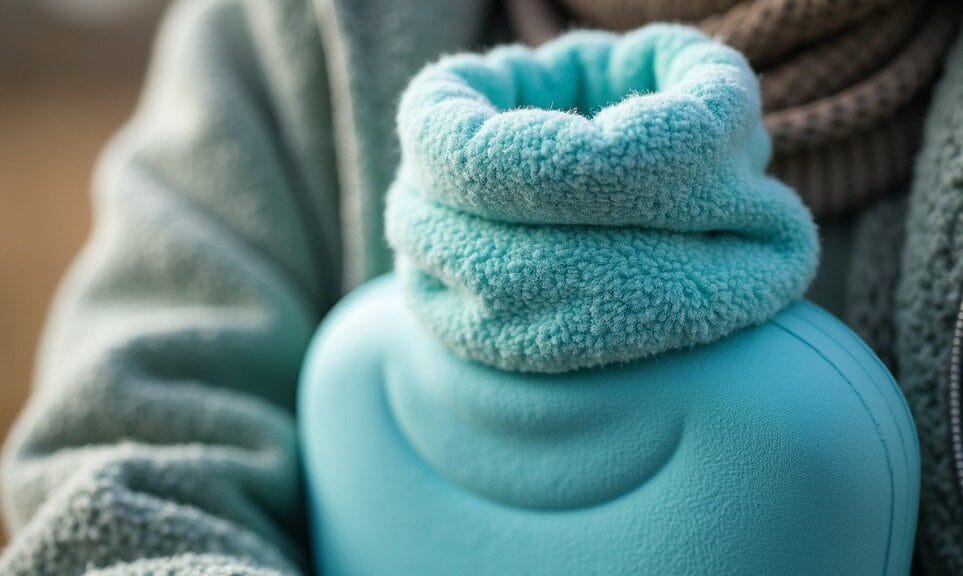 Fleecy covered hot water bottle held in someone's arms