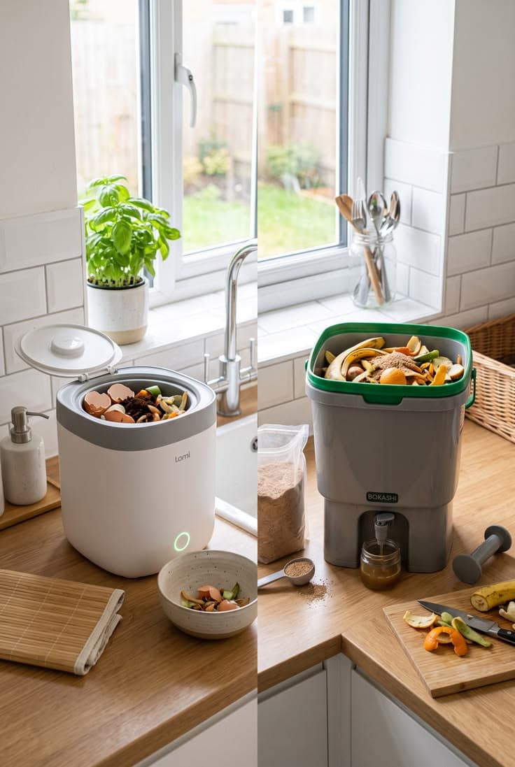 Side by side of an Electric Indoor Composter and a Bokashi Indoor Composter