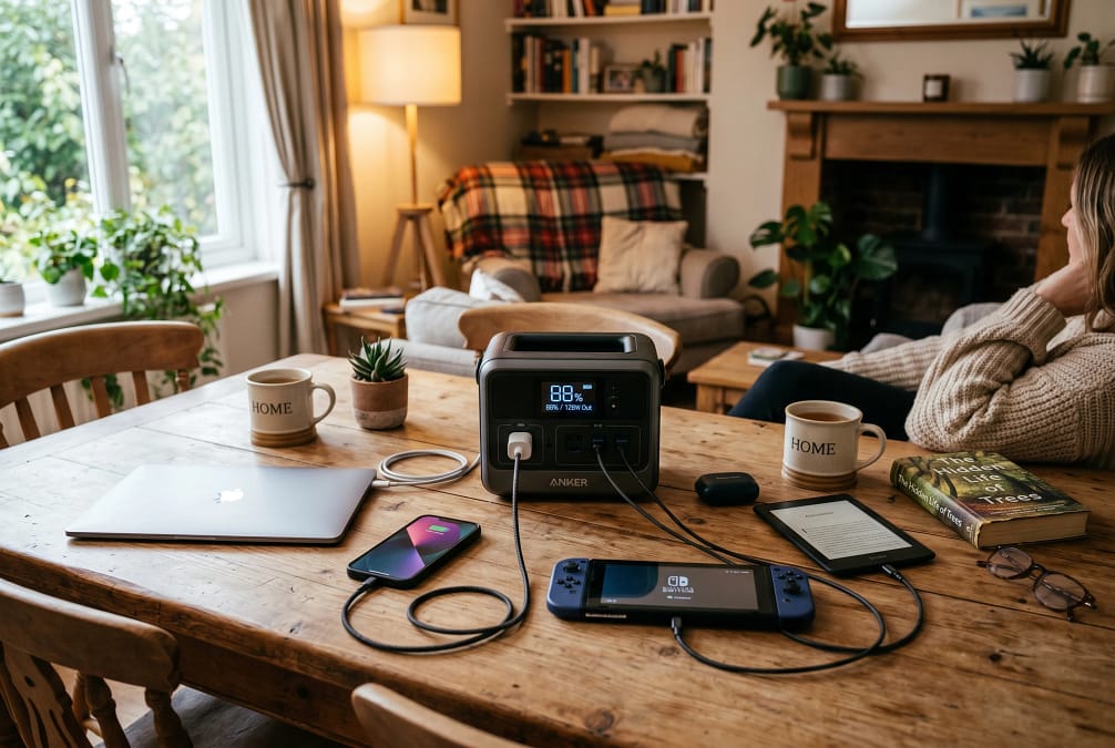Portable power station powering multiple small devices on table