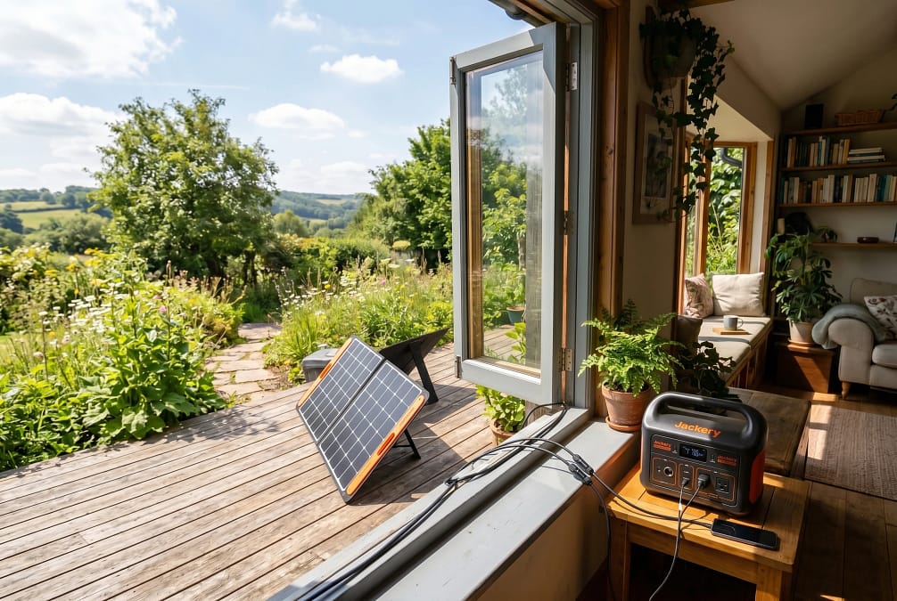 Portable solar panels outside connected to battery inside home through window