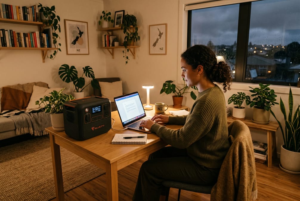 A stylish small apartment interior in New Zealand, young professional working on a laptop during a power outage, portable power station beside them providing power.