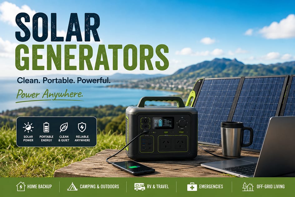 A portable solar generator connected to foldable solar panels sits on a rustic wooden table overlooking a scenic New Zealand lake and mountain landscape on a sunny day. Nearby are a laptop, smartphone, and travel mug.