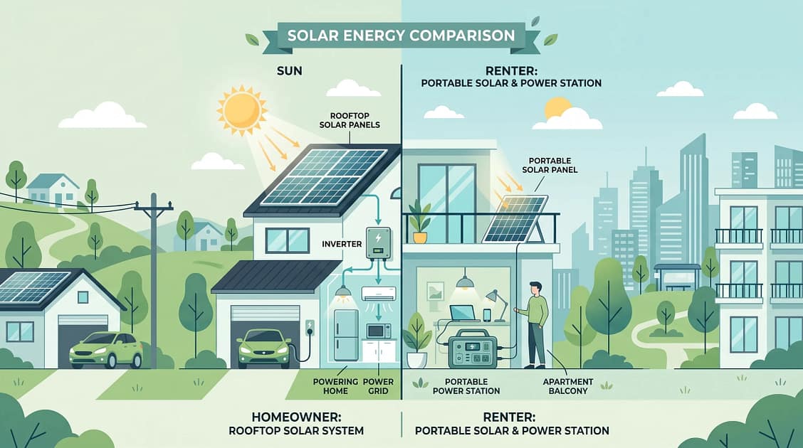Split comparison illustration showing rooftop solar system on a house (left side) versus portable solar panel and power station in a rental apartment setting (right side)