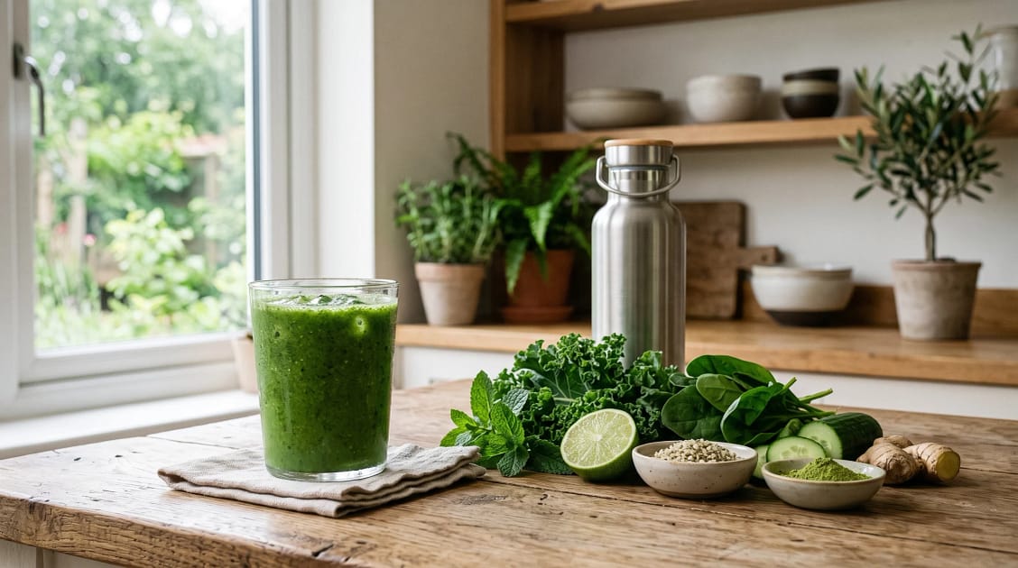 Photograph of a green wellness drink in a clear glass on a natural wooden kitchen surface, fresh leafy greens and subtle botanical ingredients nearby, reusable stainless steel water bottle in the background