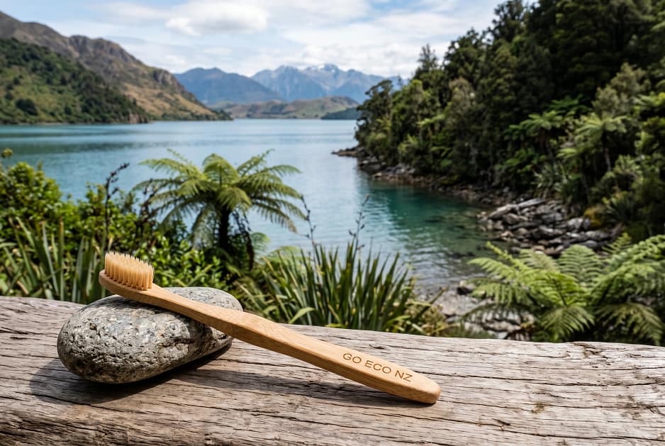 photograph featuring a natural bamboo toothbrush on a log, in a peaceful New Zealand landscape with lush native greenery, fern foliage, clear water and distant hills
