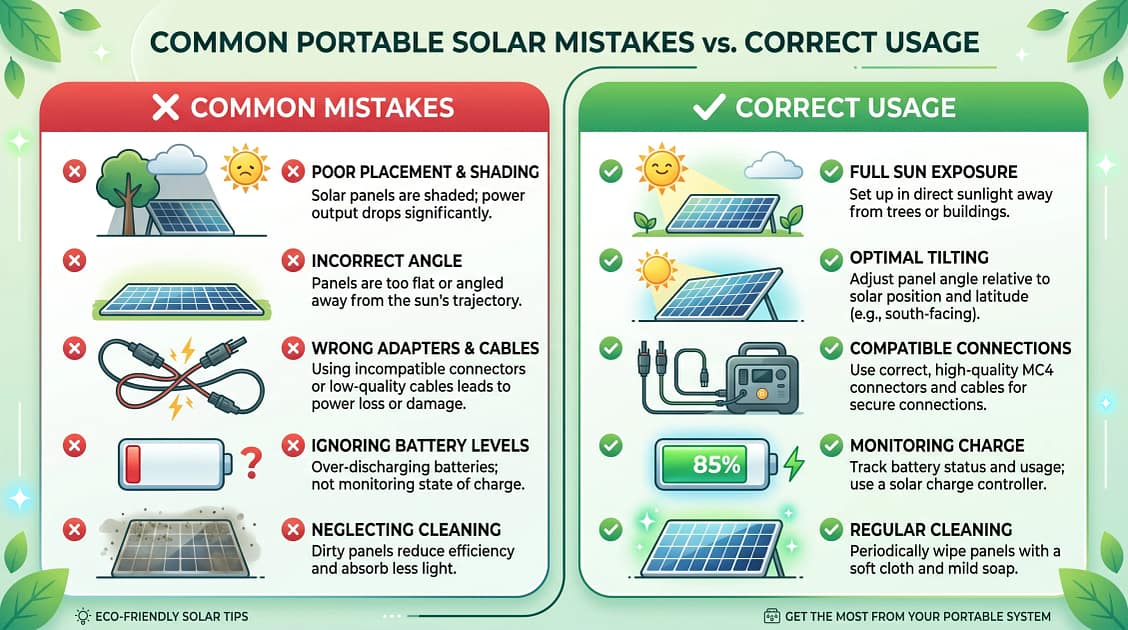 lean educational infographic showing common portable solar mistakes versus correct usage, split layout with green checkmarks and red crosses.