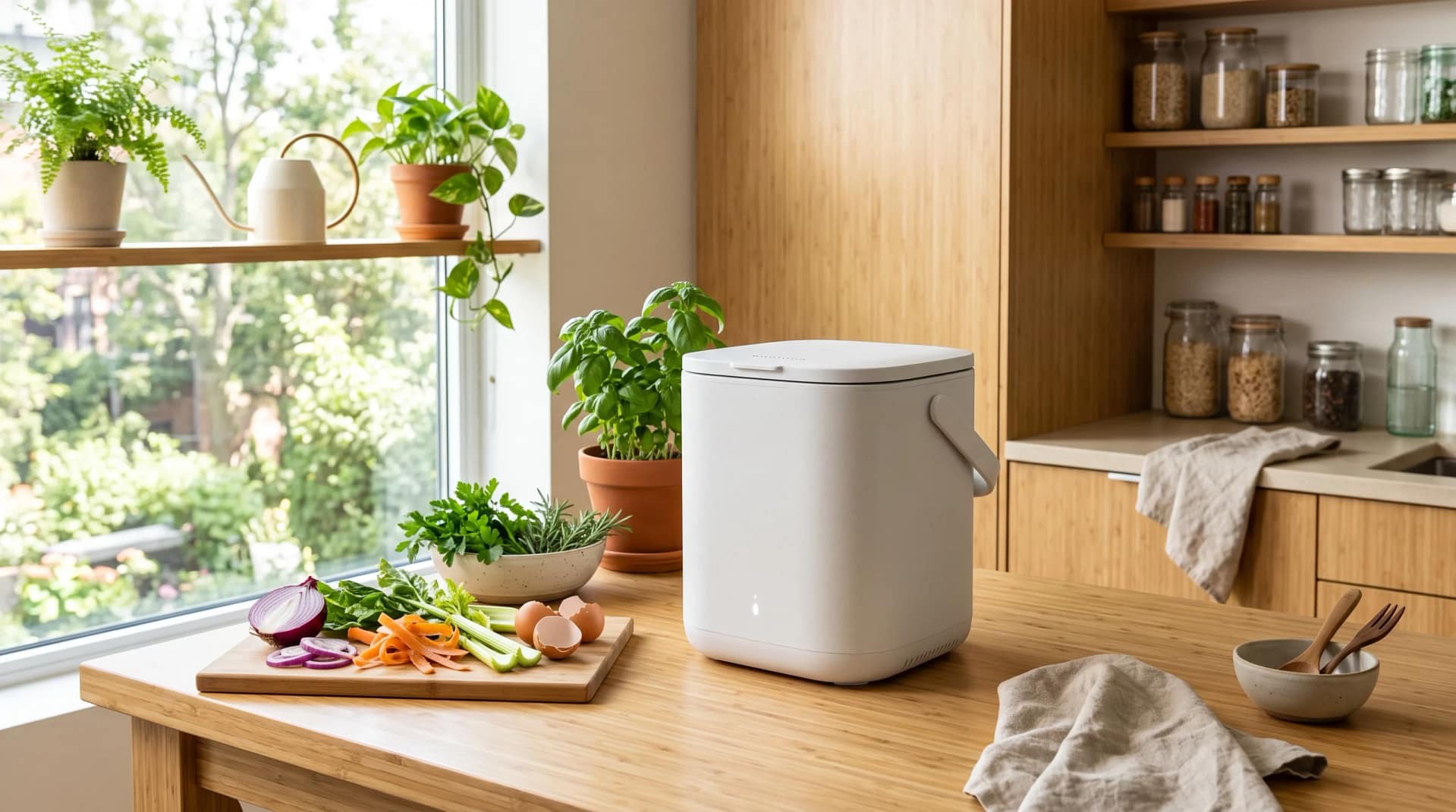 A modern eco-friendly apartment kitchen featuring a sleek countertop electric composter beside fresh vegetable scraps, herbs, and a small indoor plant. The electric composter is the main focus, showing a clean futuristic design with subtle sustainability elements.