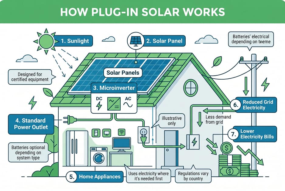 An infogram that depicts How Plug-In Solar Works in Sections: Sunlight
Solar Panel
Microinverter
Standard Power Outlet (illustrative only)
Home Appliances
Reduced Grid Electricity
Lower Electricity Bills