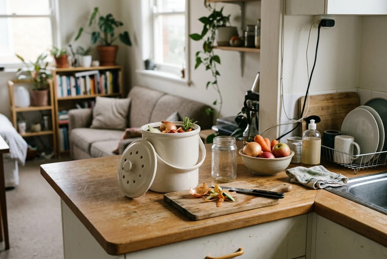 A small, tidy studio kitchen with limited bench space, featuring one compact, attractive countertop compost caddy with a small amount of fruit and vegetable scraps, a simple reusable container, and a modest bowl of fresh produce nearby.