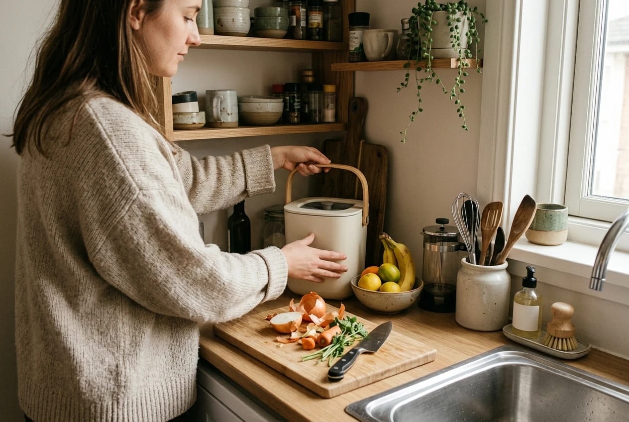 a small studio apartment kitchen where a person is trying to find room for a simple composting setup. Show a compact kitchen bench with everyday essentials, a chopping board with vegetable scraps, a small bowl of fruit.