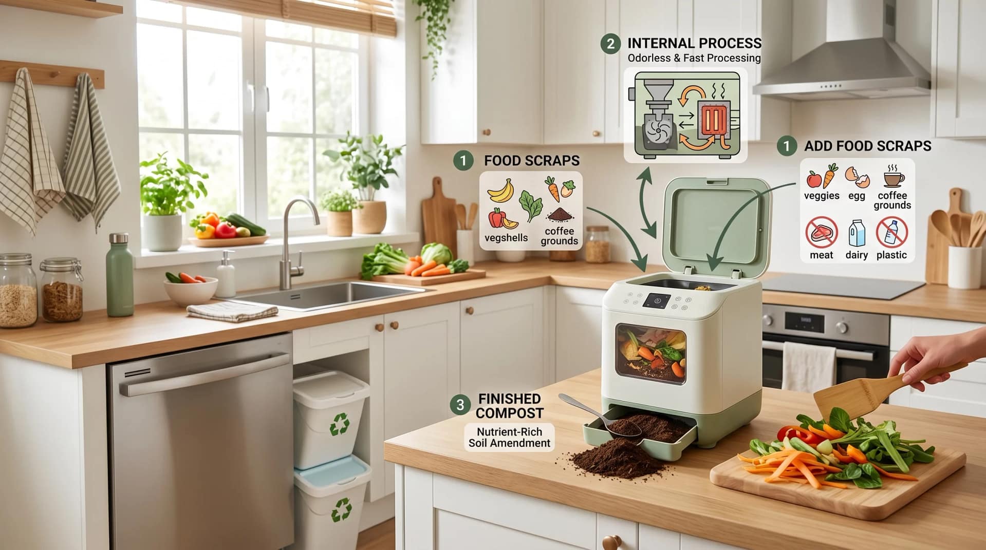 A bright modern kitchen with a compact countertop kitchen composter, processing vegetable scraps, step-by-step infographic style showing food scraps, composting process, and finished nutrient-rich compost.