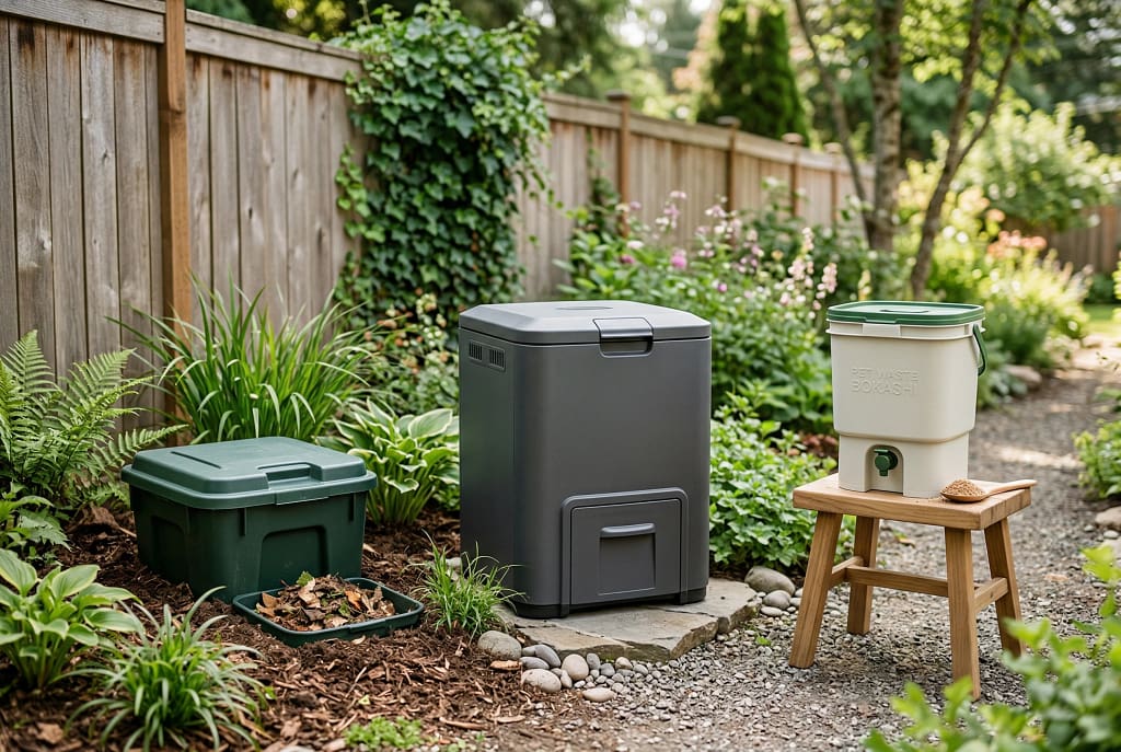Different pet waste composting systems including in-ground digester, sealed compost bin, and bokashi bucket.