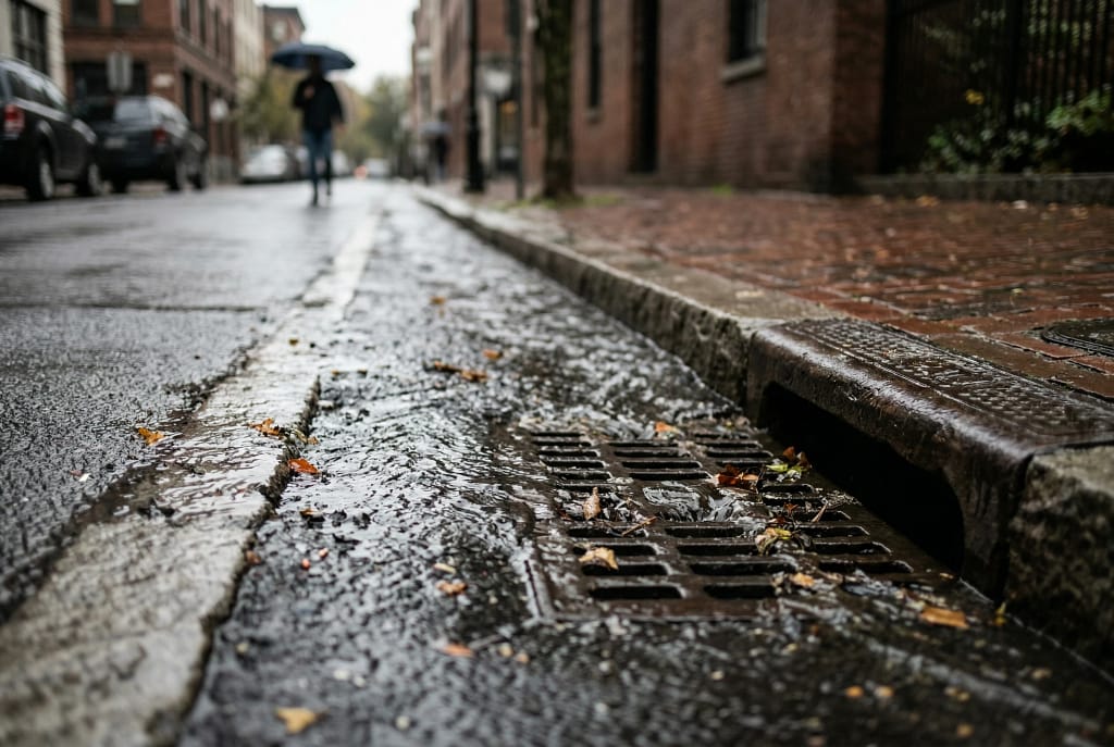 Rainwater runoff in urban environment leading to storm drain.