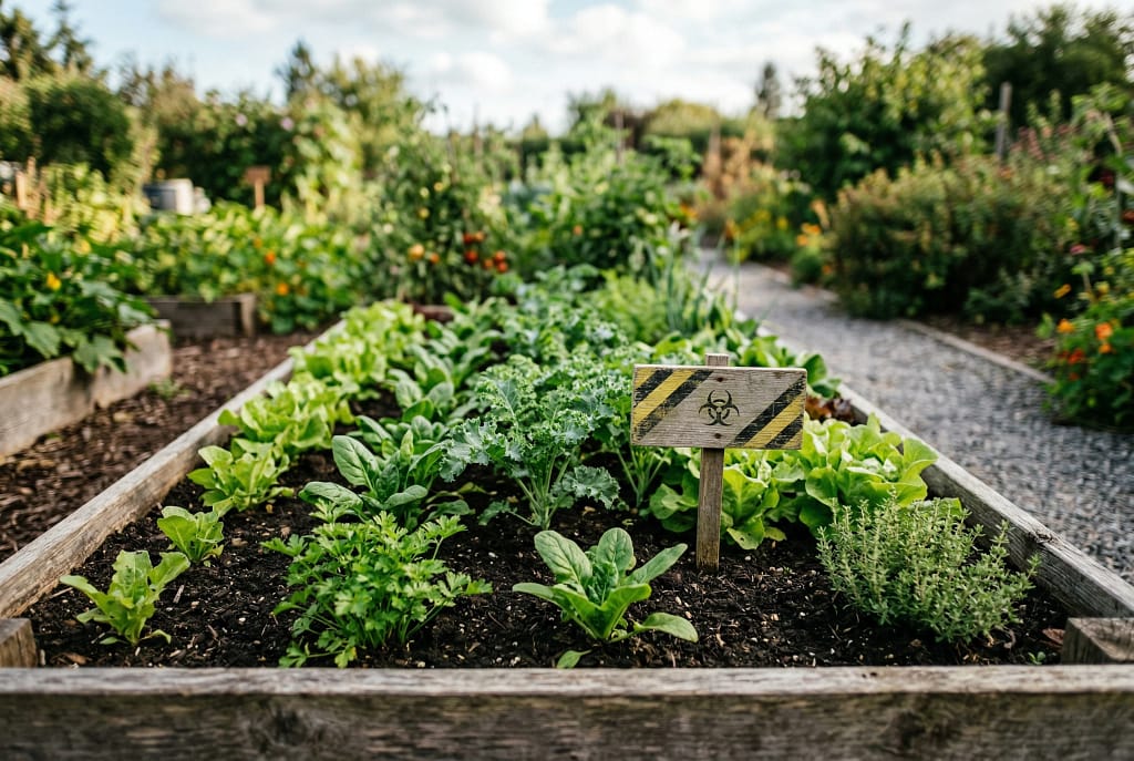 Garden vegetable bed with a subtle warning.