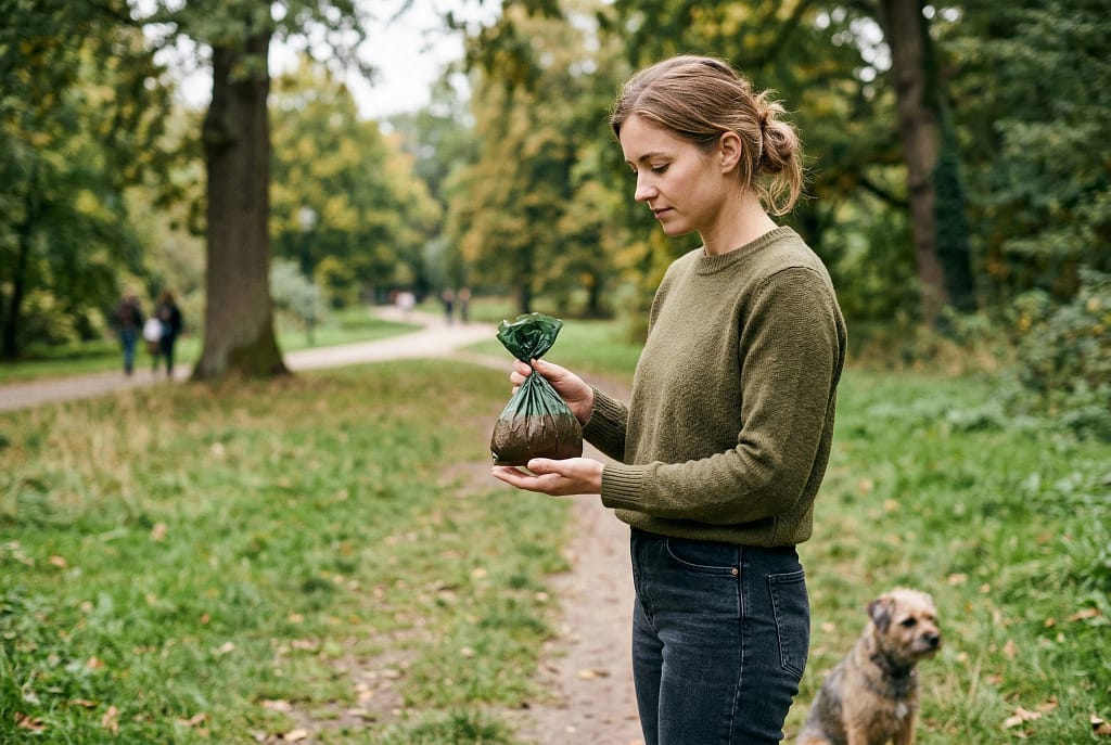 Dog owner holding biodegradable dog poop bag in a park.