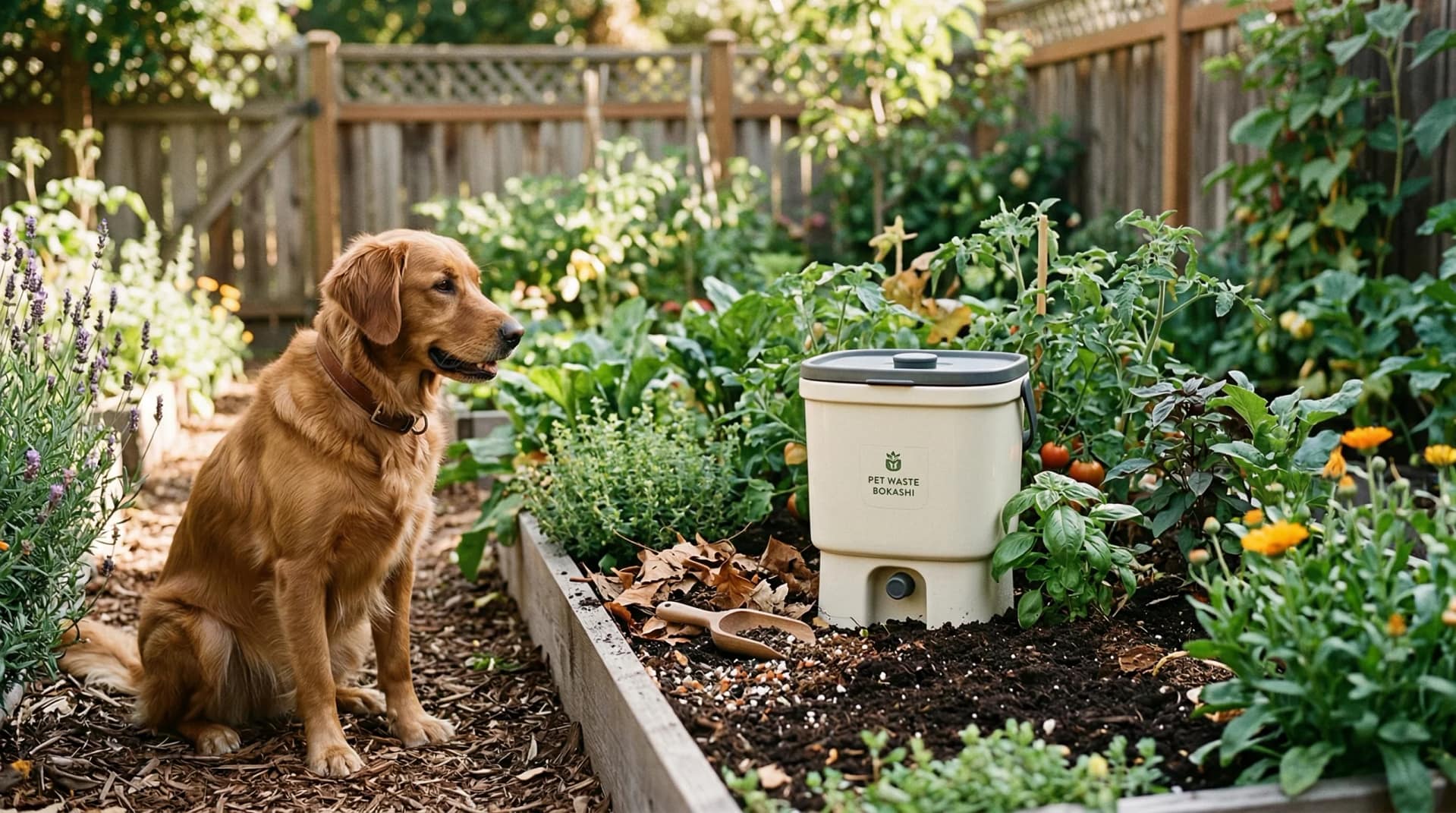 Small garden setting with a compost bokashi-style bin and a dog nearby.