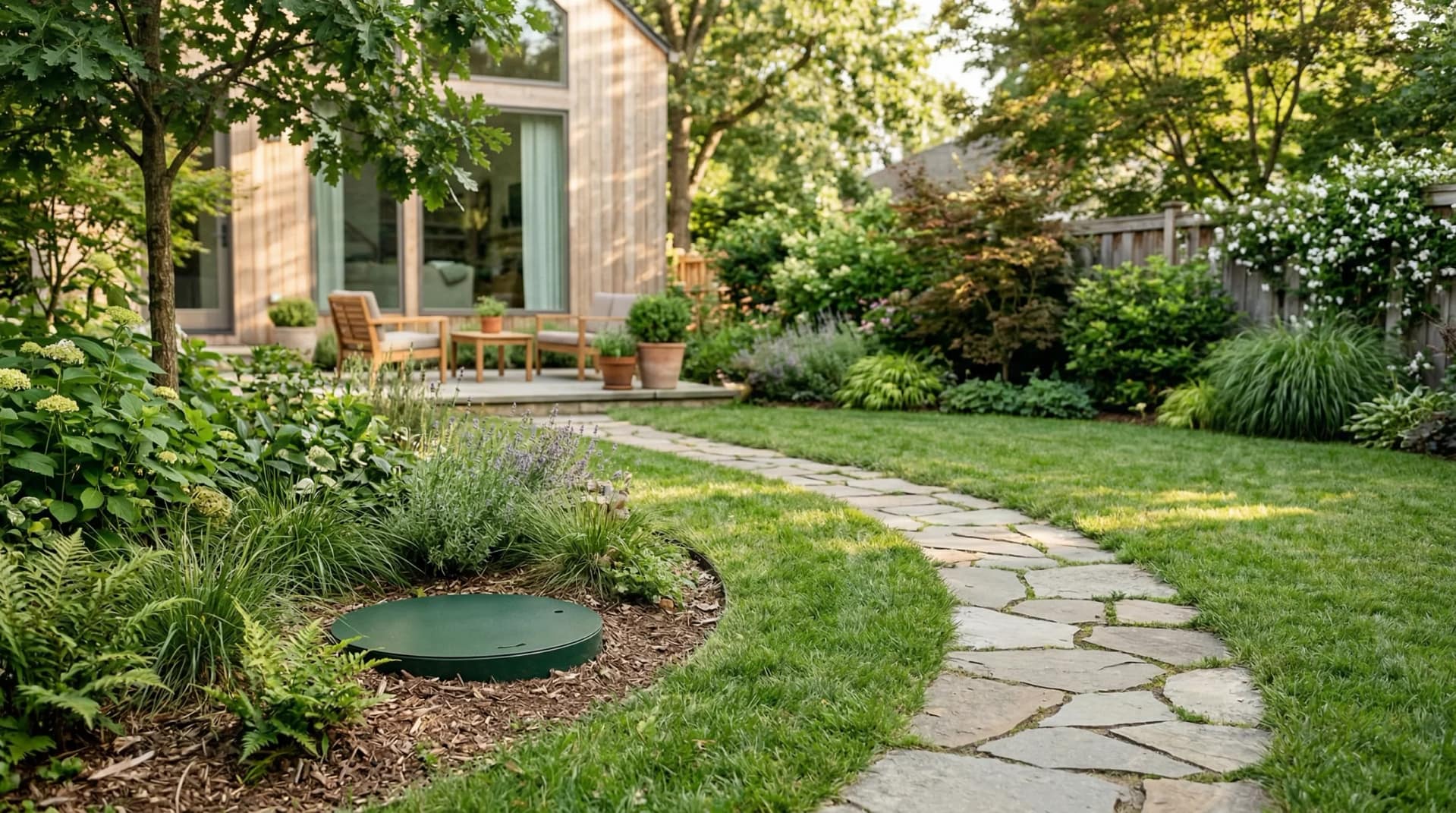 Backyard with a discreet in-ground dog waste composter.