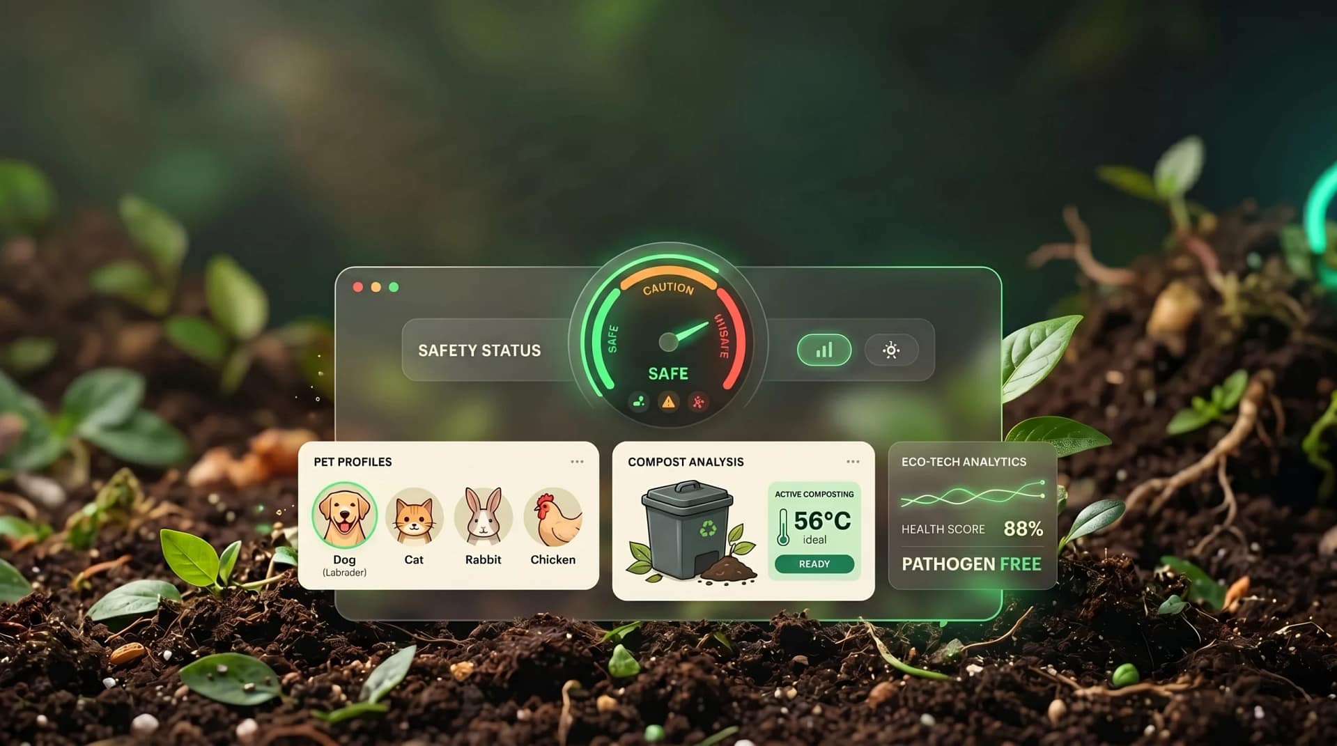 A floating compost analysis dashboard above rich, dark organic soil.